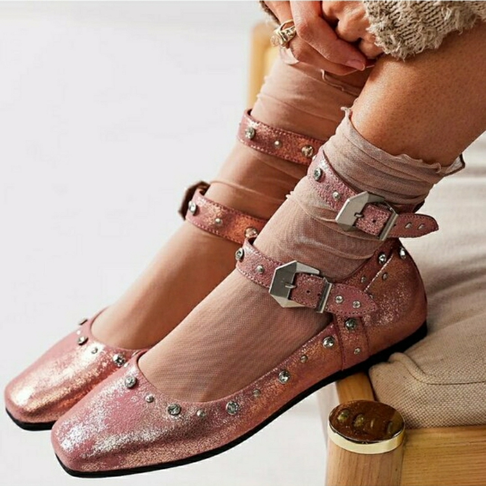 Free People Mystic Diamante Ballet Flat Jewels Studs Pink Metallic Leather Sz 7